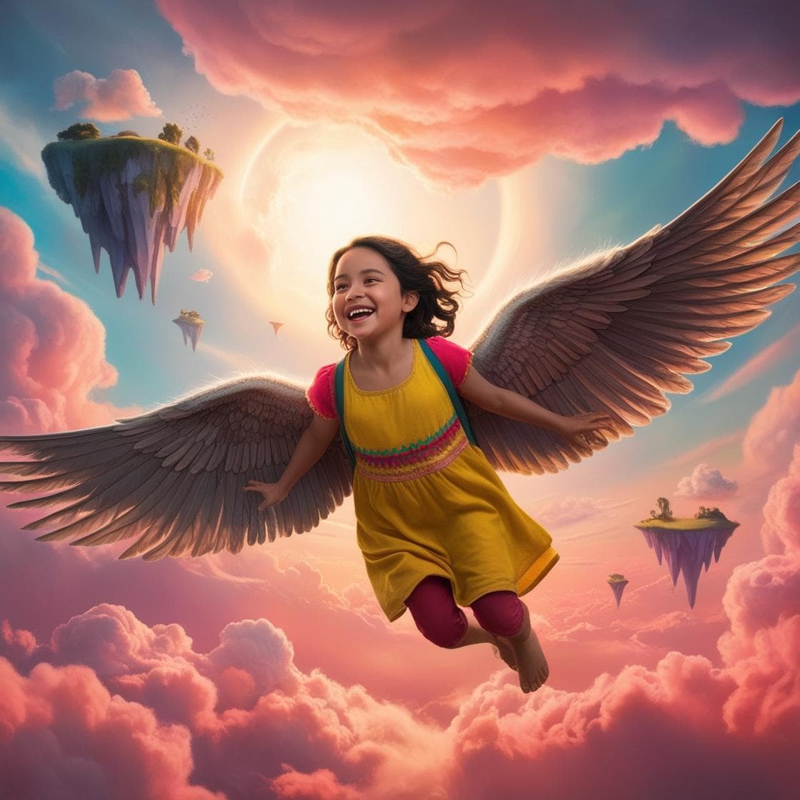 Child with wings and rainbow pencil trail